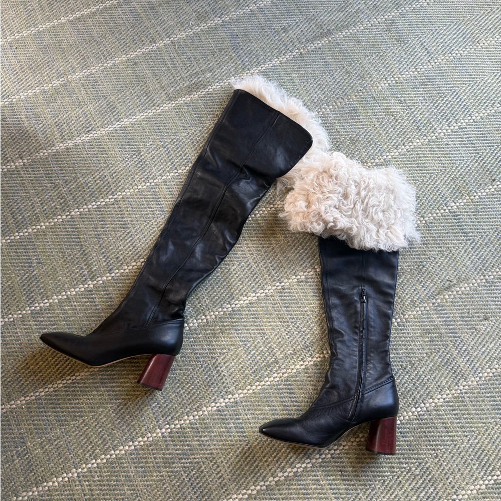 Helmut Lang Black Leather Over-the-Knee Boots with Cream Shearling Cuff